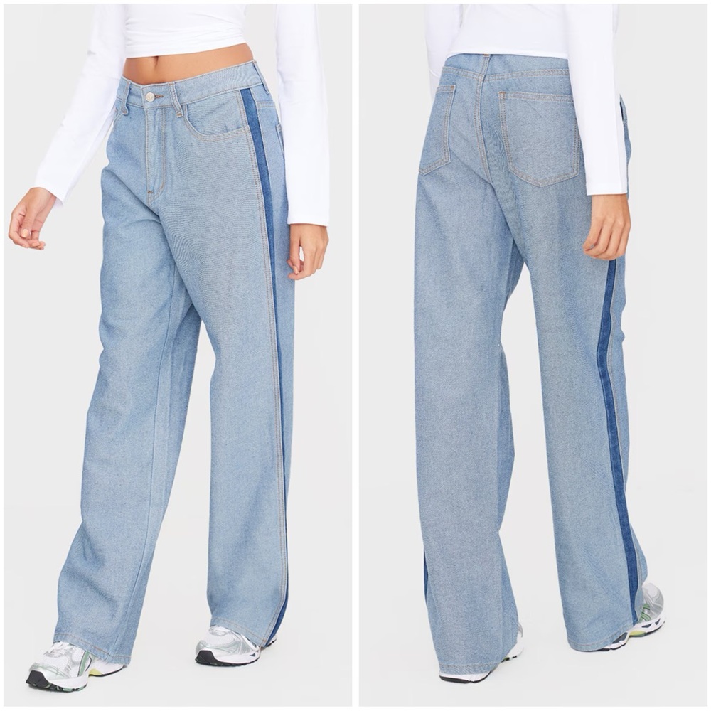 PrettyLittleThing Mid Blue Wash Contrast Panel Denim Straight Leg Jeans Womens 8